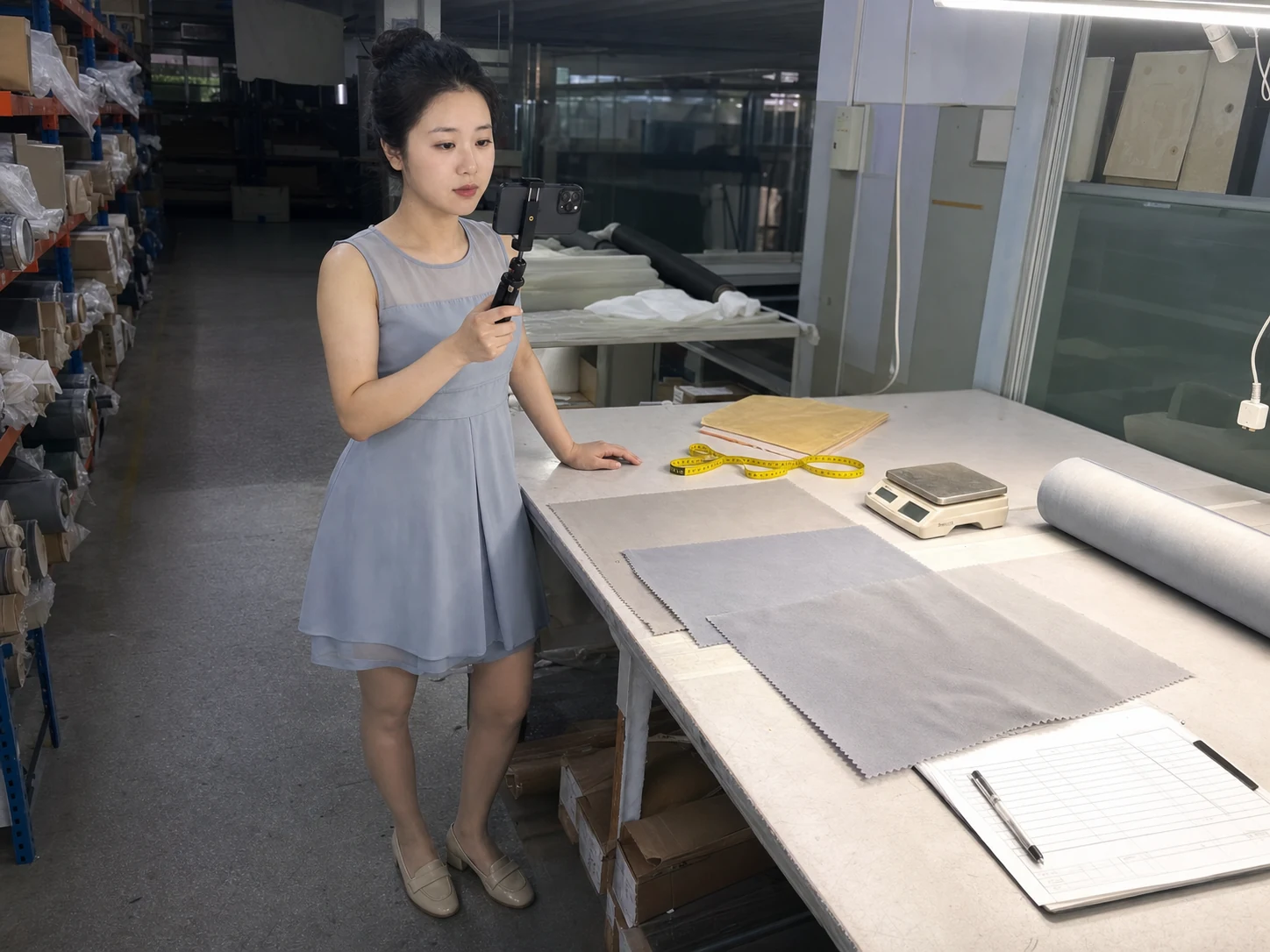 女性自媒体拍摄人员在醋酸面料外协检验台记录不同批次样布