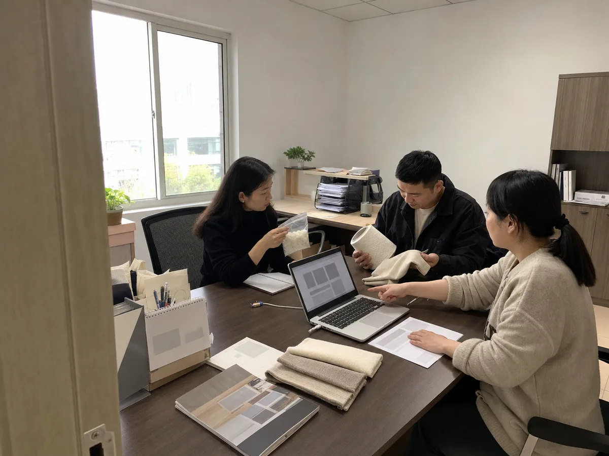 三名工作人员在销售办公室核对竹纤维样品与客户跟进资料