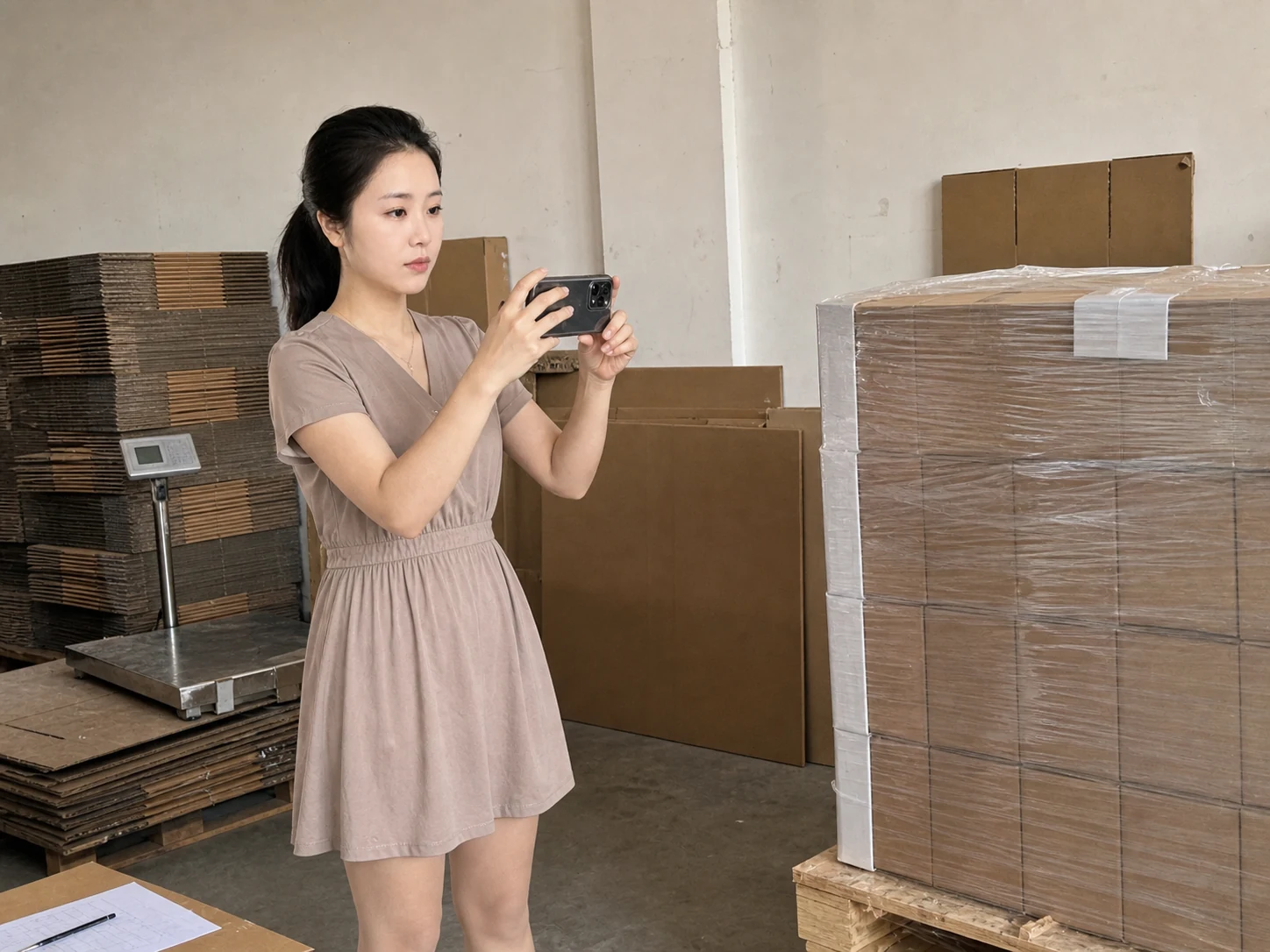 女性自媒体拍摄人员在砖包出货区用手机记录装箱和防护样品