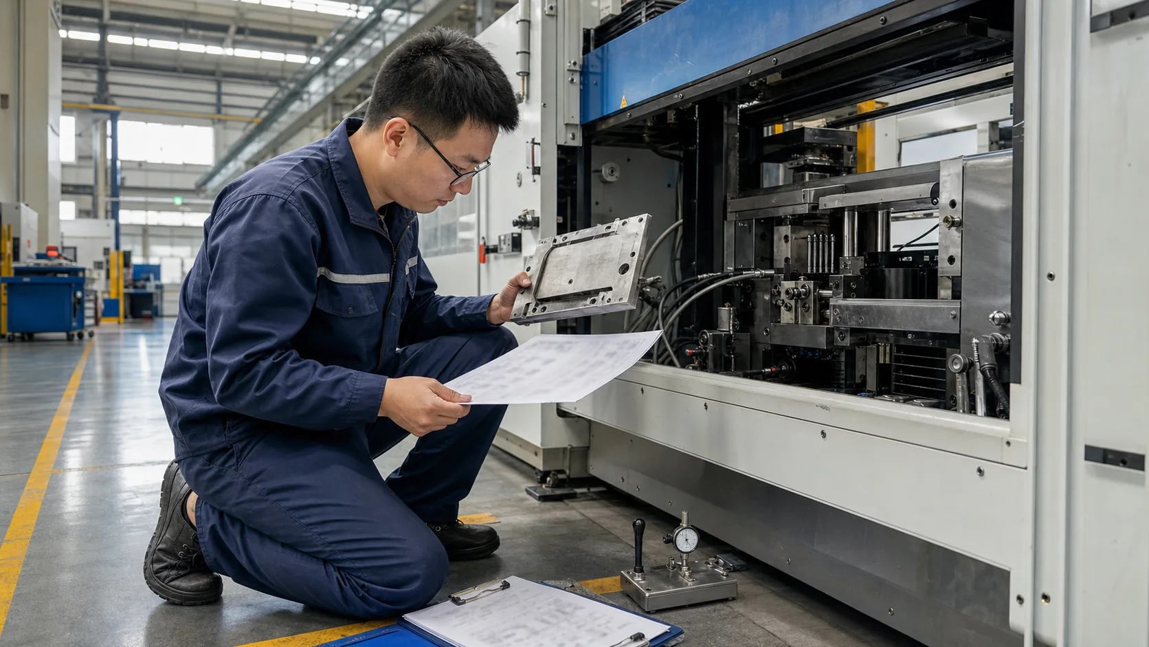 现场服务工程师在工厂设备旁核对改装部件、图纸和检测量具