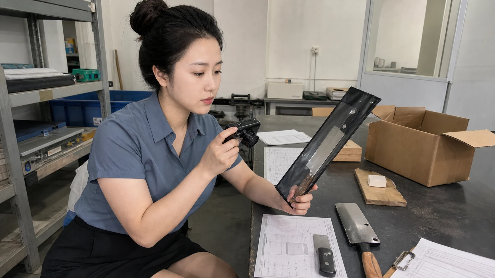 拍摄者在样品室记录砍骨刀试切样与工艺卡