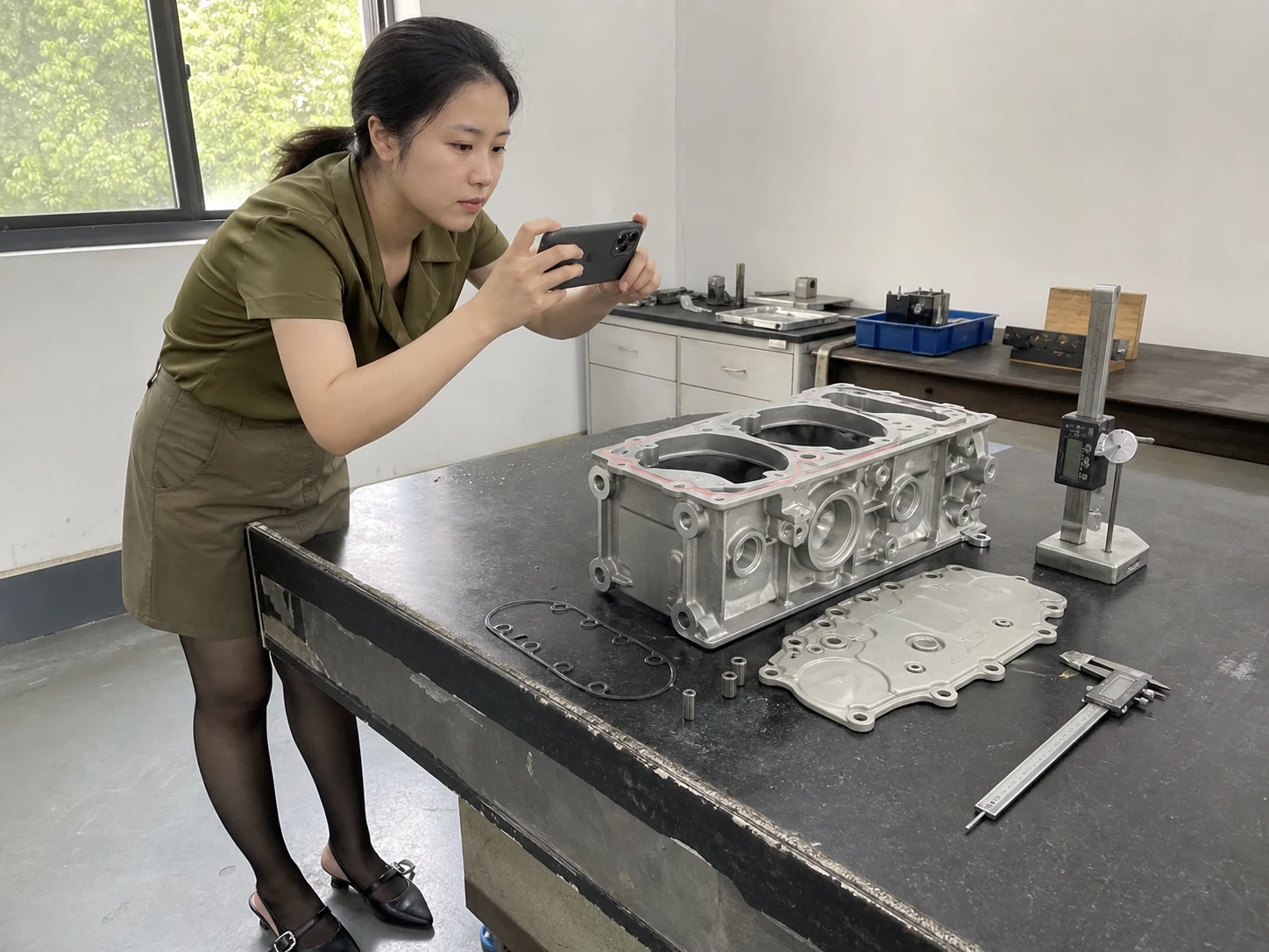 女性自媒体拍摄人员在样品台用手机记录缸体样件、密封面和装配量具