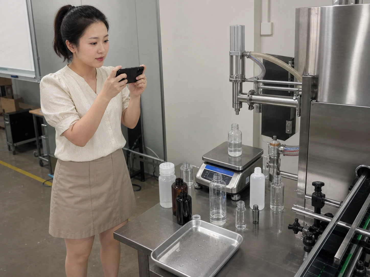 女性自媒体拍摄人员在灌装设备试装区用手机记录喷嘴和样瓶