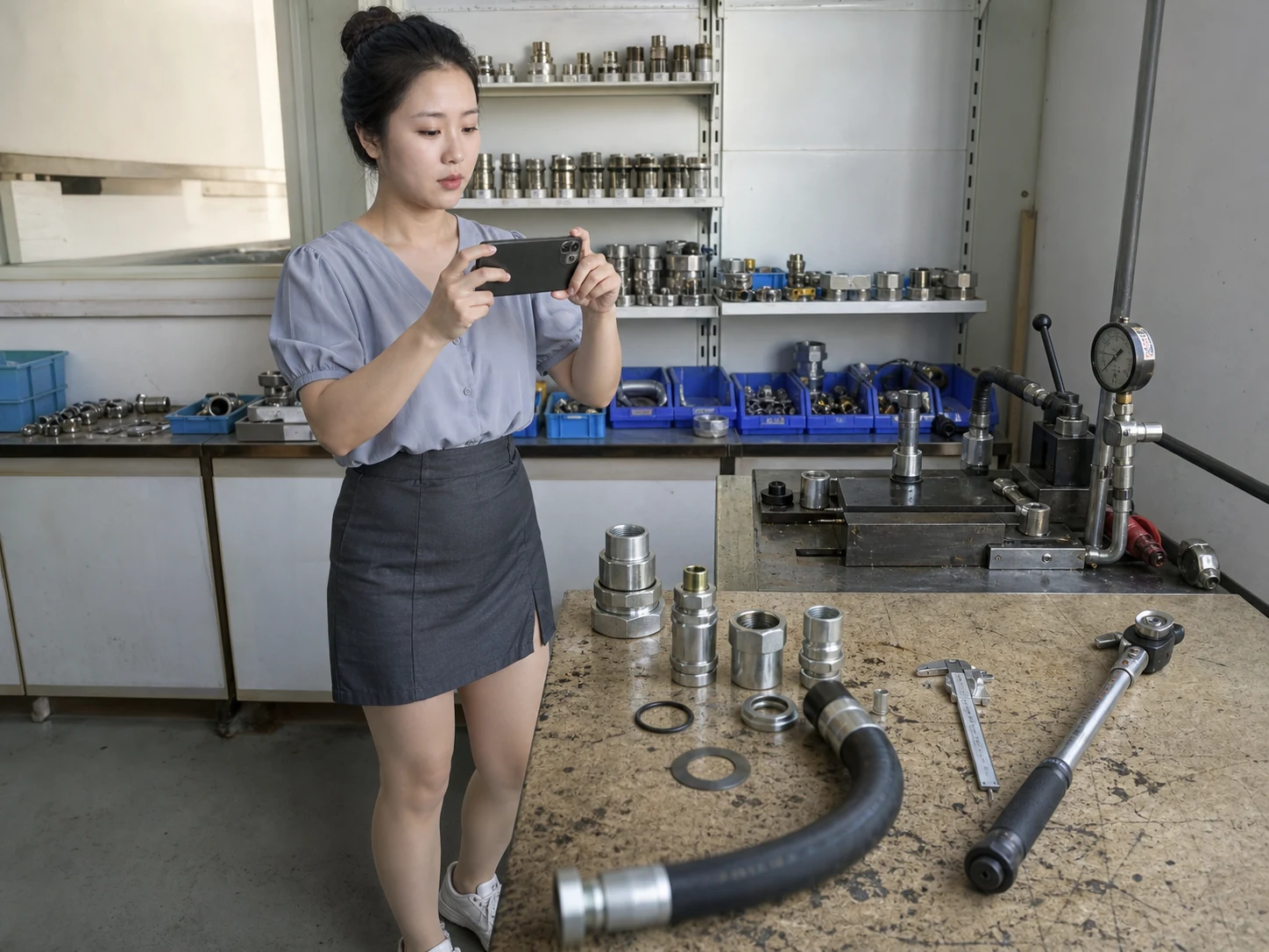 女性自媒体拍摄人员在接头样品台用手机记录螺纹接头和密封样件