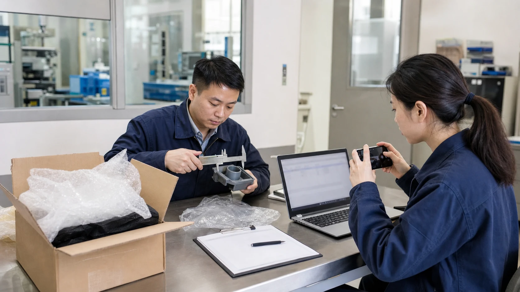 工厂人员开箱测量并登记客户寄来的实物样品