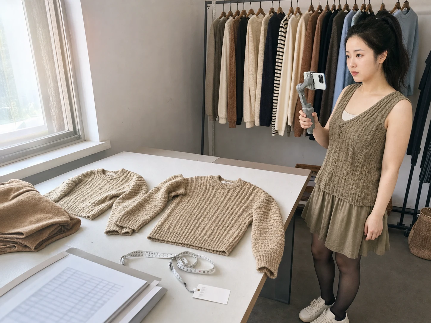 女性自媒体拍摄人员在针织衫样衣室用手机记录复购批次对照样
