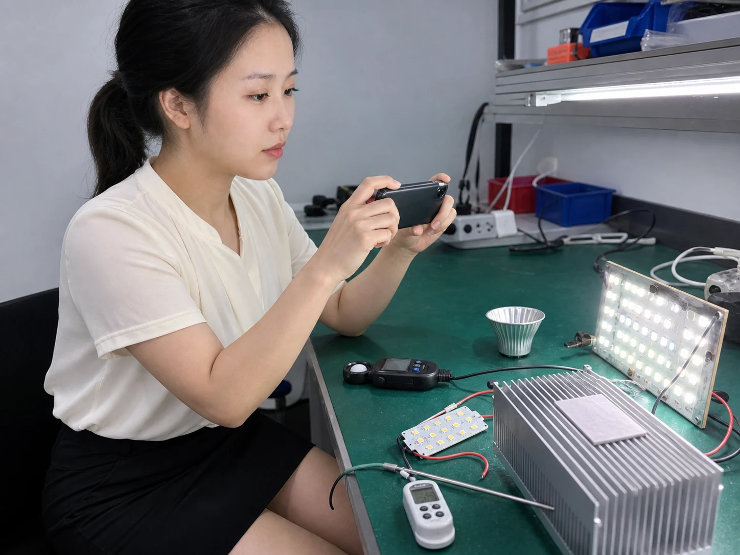 女性自媒体拍摄人员在灯珠样板台用手机记录发光板和散热结构