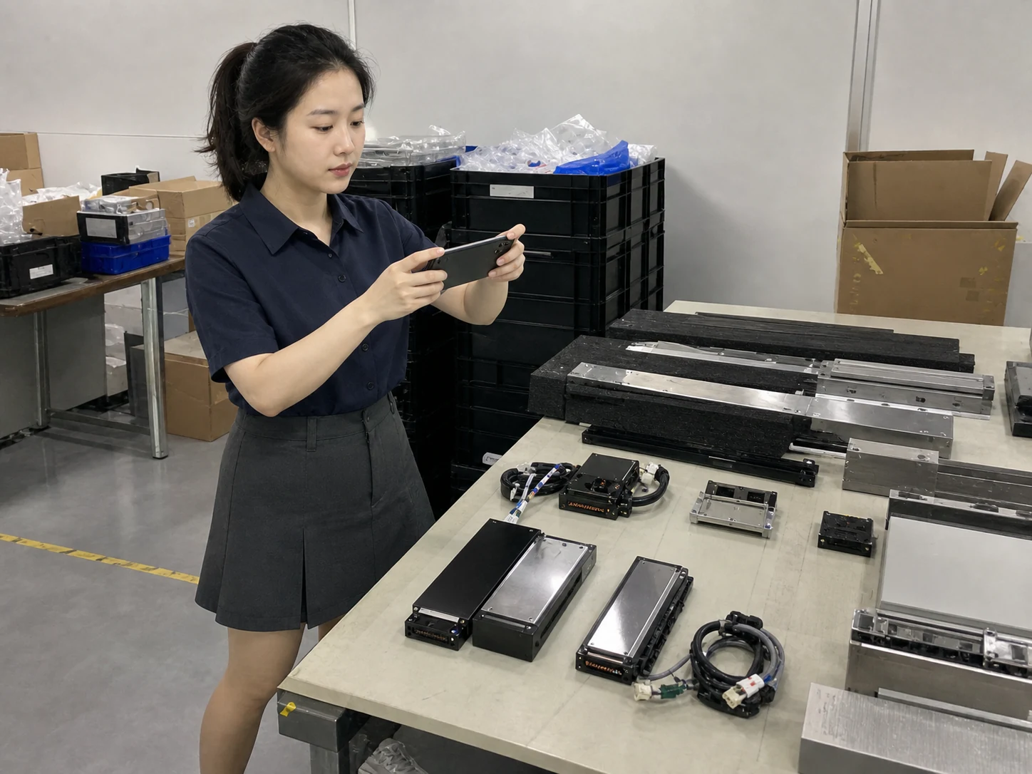 女性自媒体拍摄人员在零部件收货区用手机记录线性马达样件和磁轨