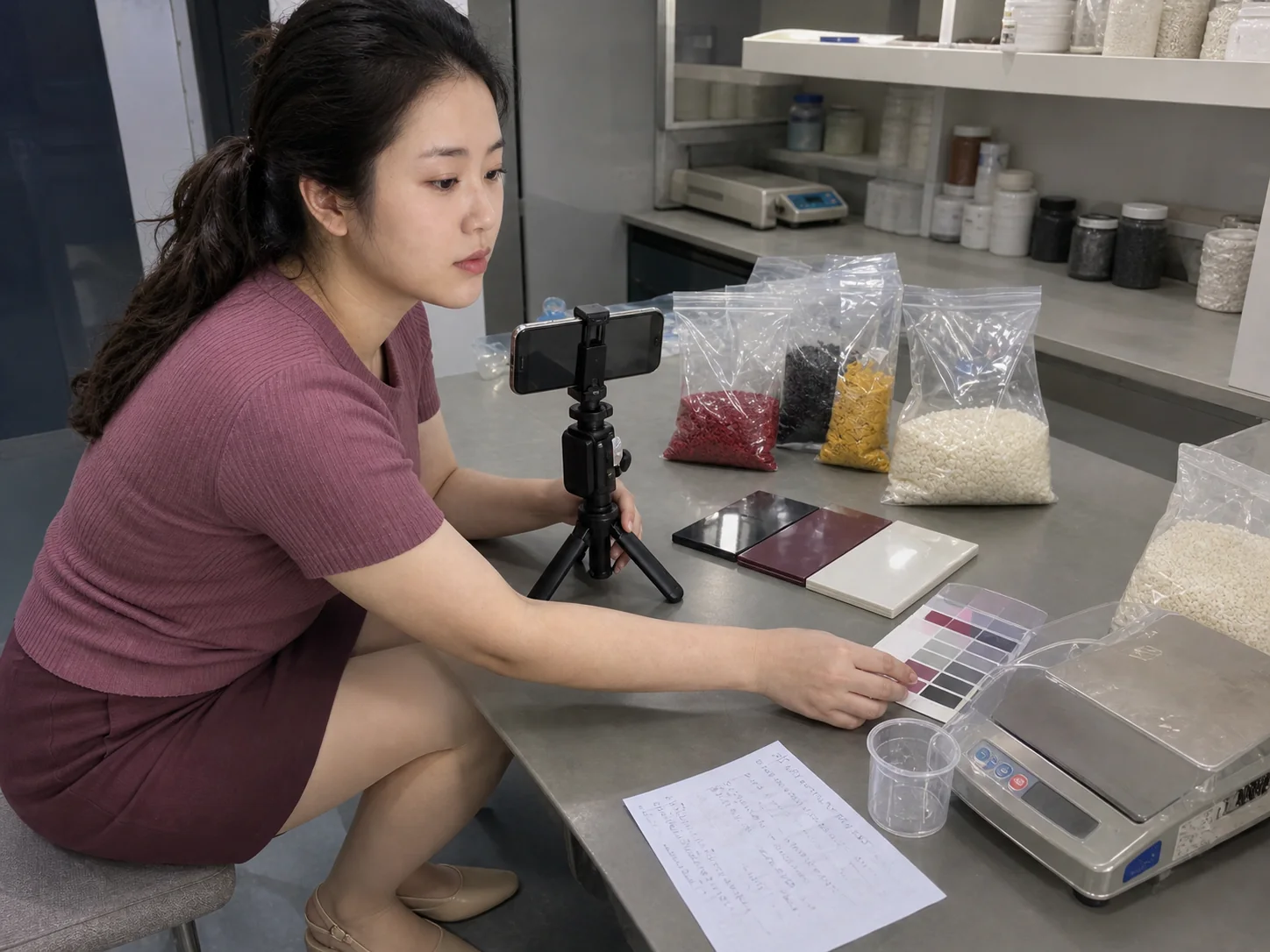 女性自媒体拍摄人员在塑料配色试样台用手机记录色母粒、树脂样片和配比记录