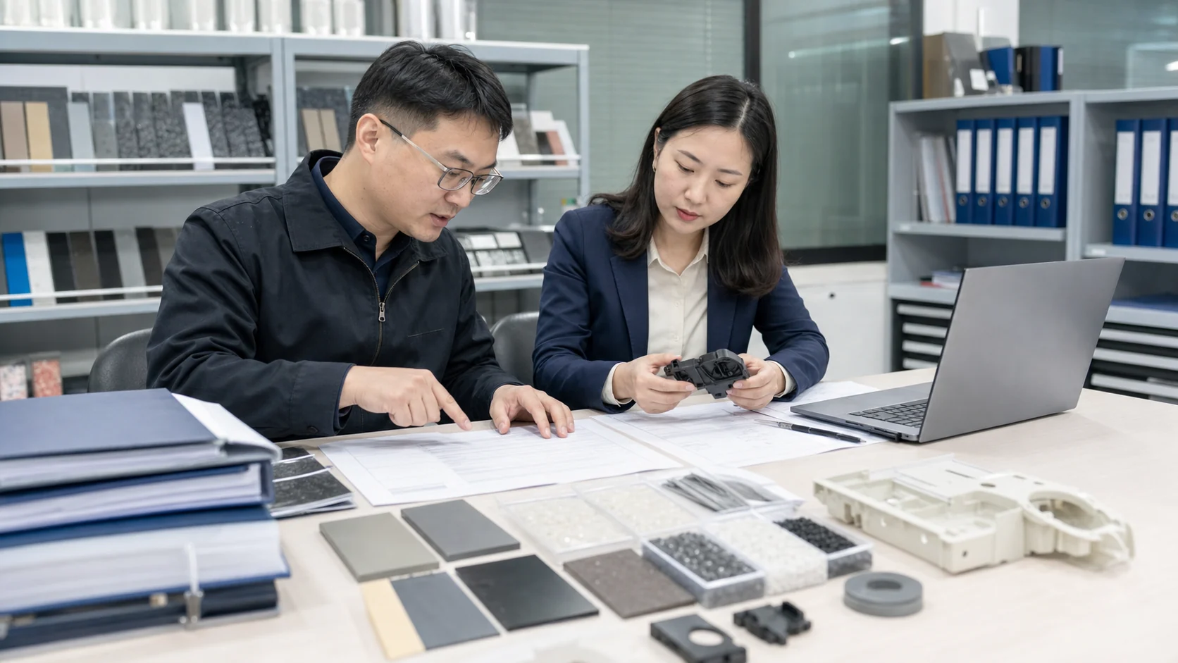 材料工程师与外贸销售核对产品材料和供应商文件