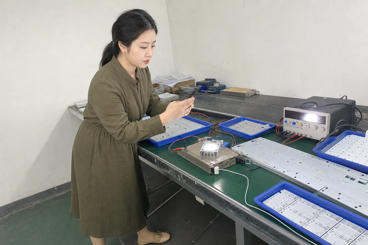 女性自媒体拍摄人员在金属基板应用现场用手机记录样件