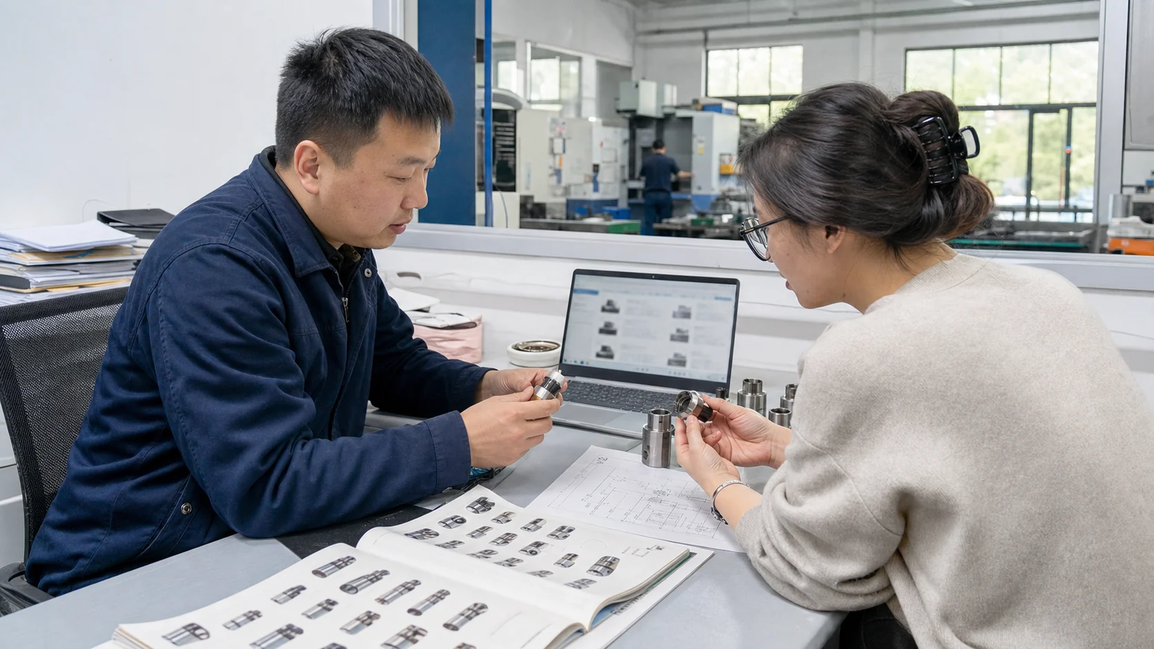 工程师与网站内容人员核对金属零件产品型号和站内搜索结果