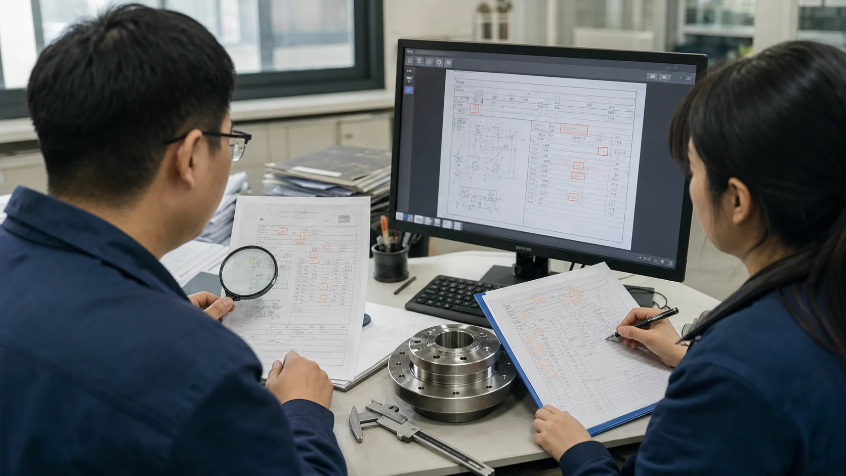 质量工程师与数据编辑核对扫描检测报告和OCR识别字段