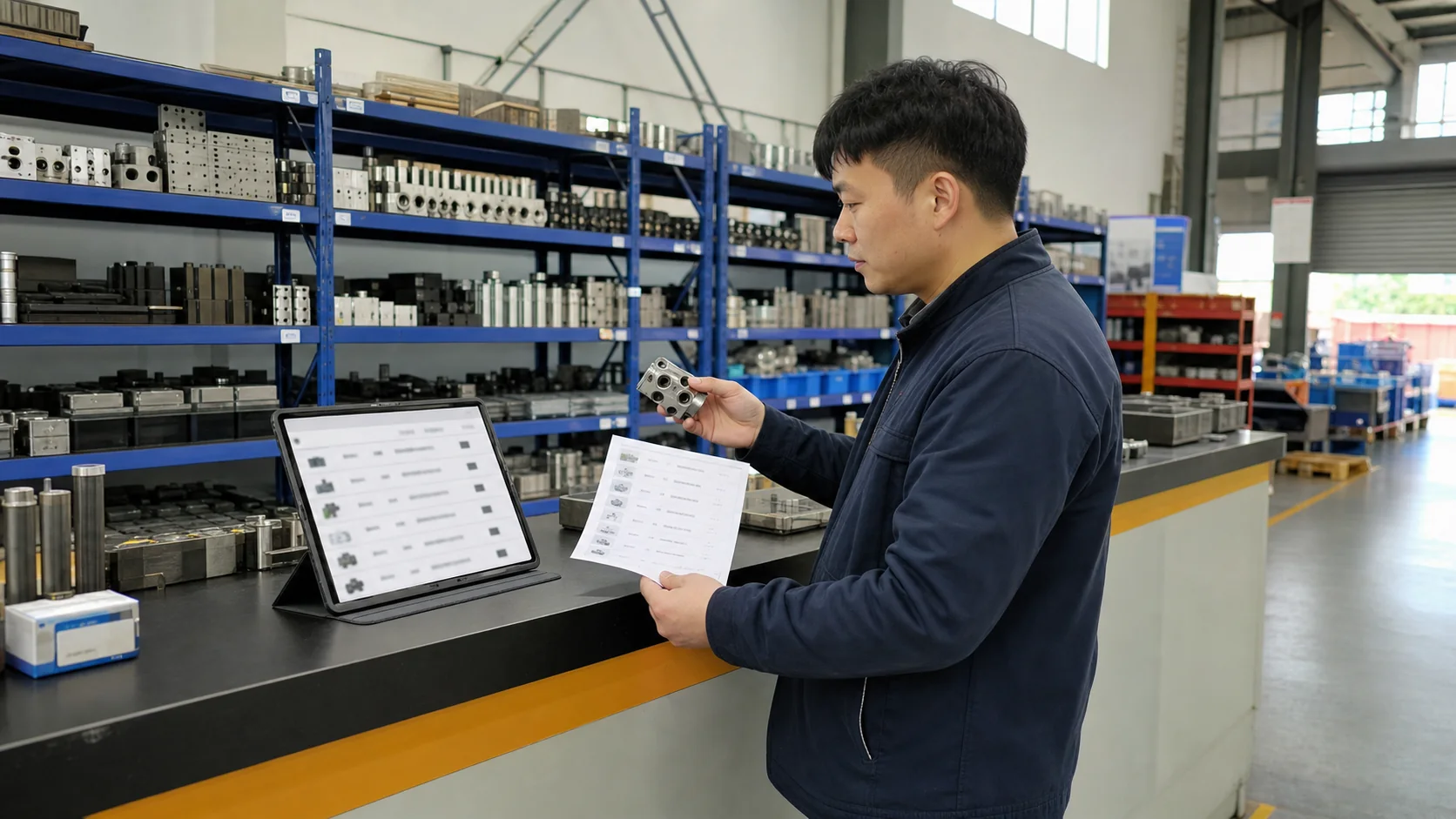 销售工程师在备件仓库核对零件、型号清单和站内搜索结果