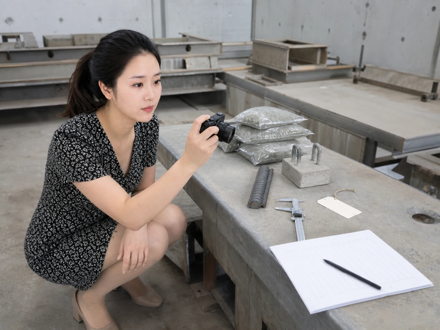女性自媒体拍摄人员在PC构件原料检验台用手机记录来料异常