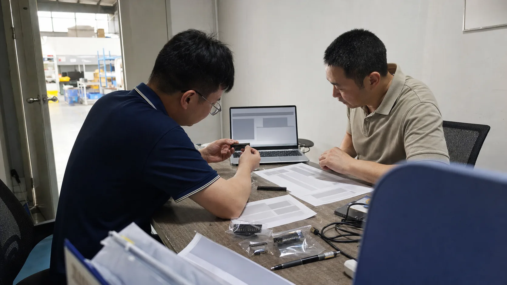 工厂负责人和销售在小会议室核对针座样件与产品资料