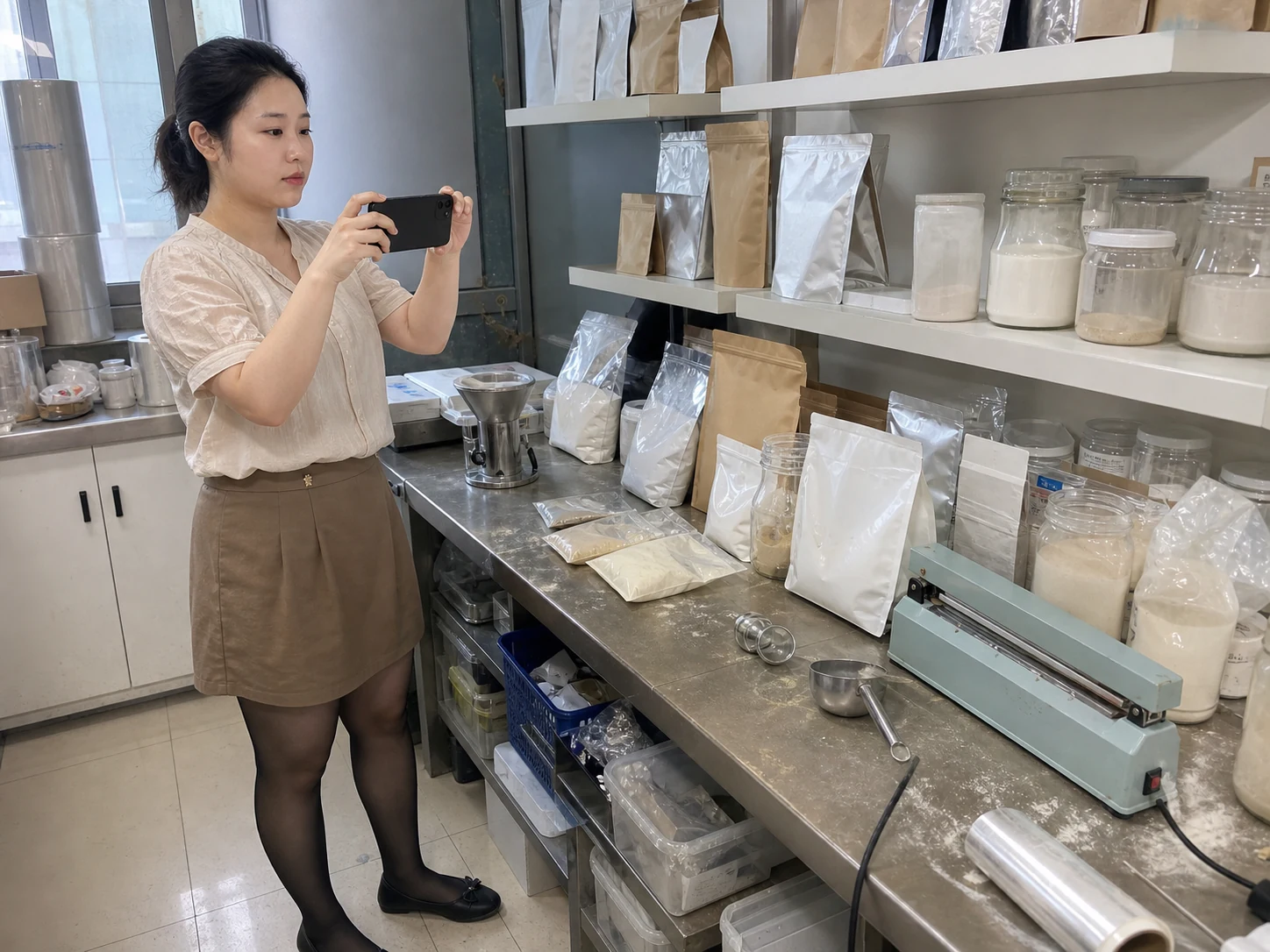 女性自媒体拍摄人员在试样台用手机记录粉末包装袋、粉体样品和封口夹具