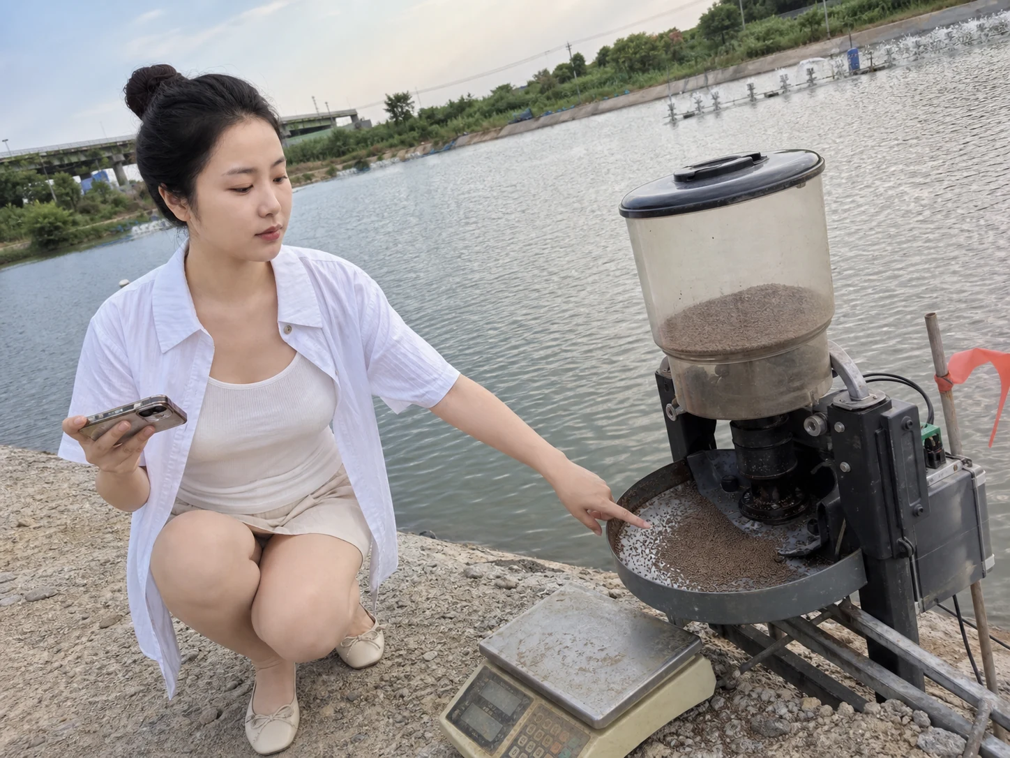 女性自媒体拍摄人员在养殖池边用手机记录投饵机落料范围和颗粒样本