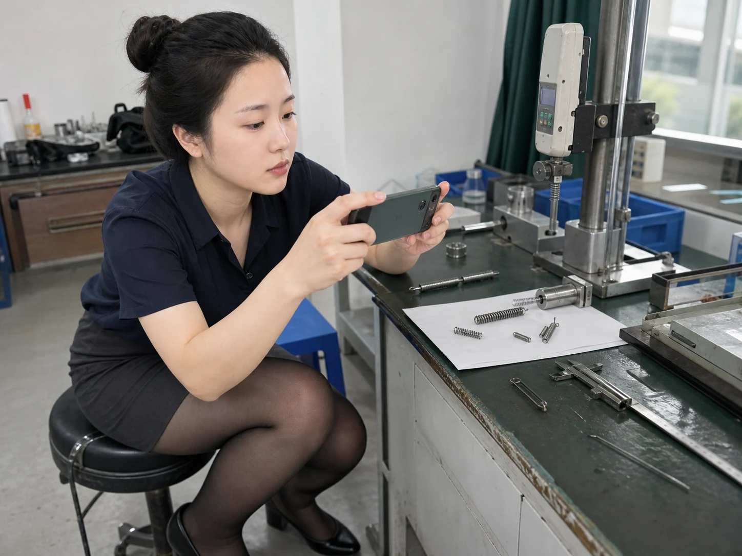 女性自媒体拍摄人员在弹簧样品台用手机记录压簧和负载测试夹具
