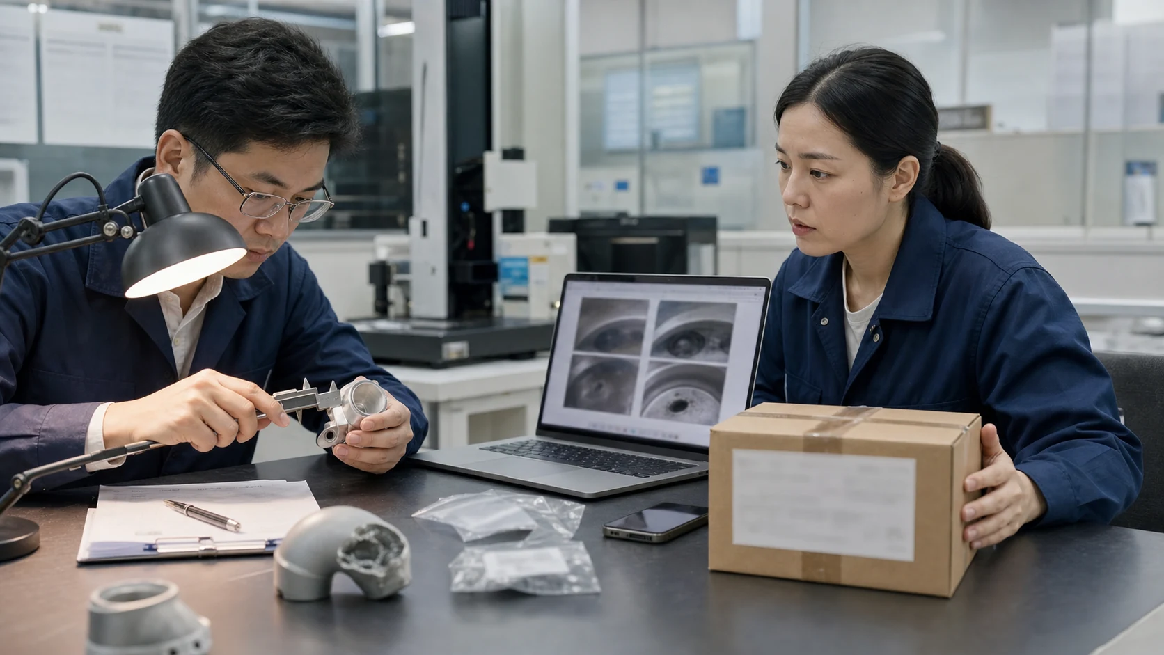 质量人员核对异常零件、包装批次与客户现场照片