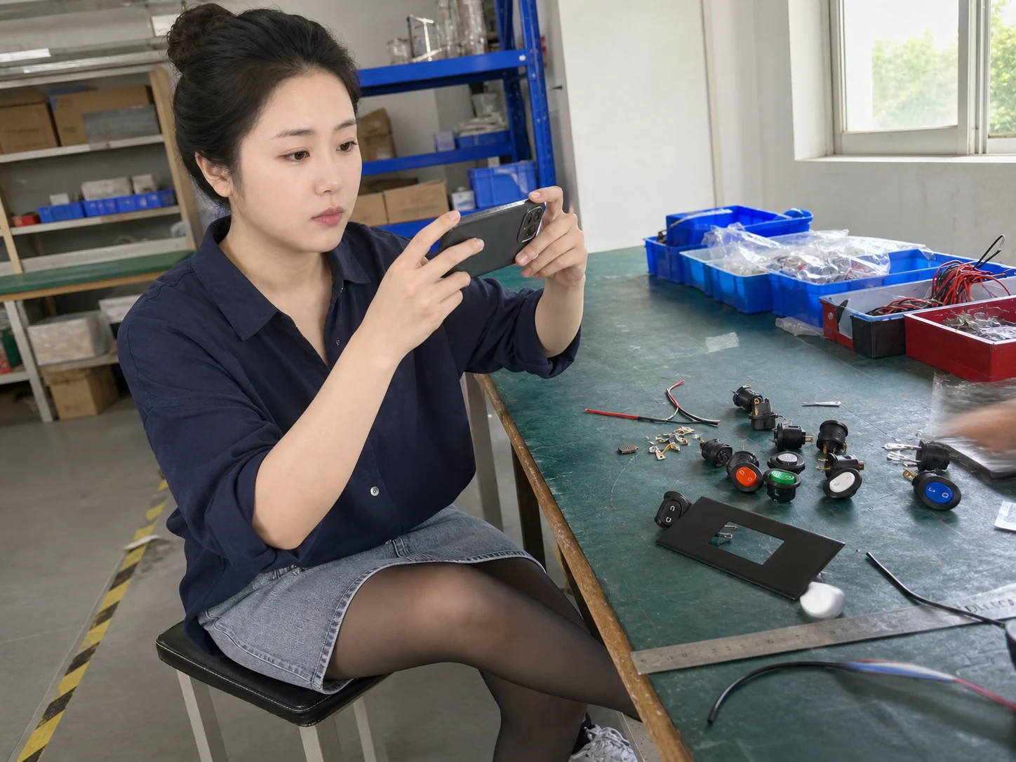 女性自媒体拍摄人员在开关样品室用手机记录船型开关样件和面板开孔