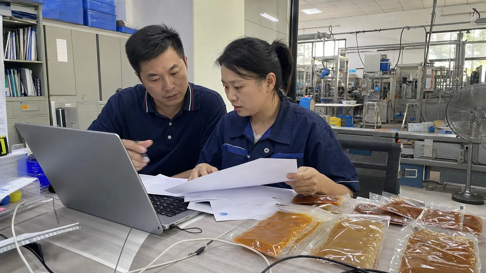 销售与技术人员在包装设备工厂办公室核对酱料包装询盘和报价资料