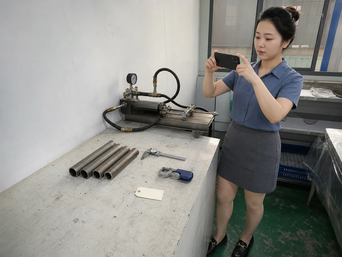 女性自媒体拍摄人员在检验台用手机记录无缝管样品、卡尺和压力测试夹具