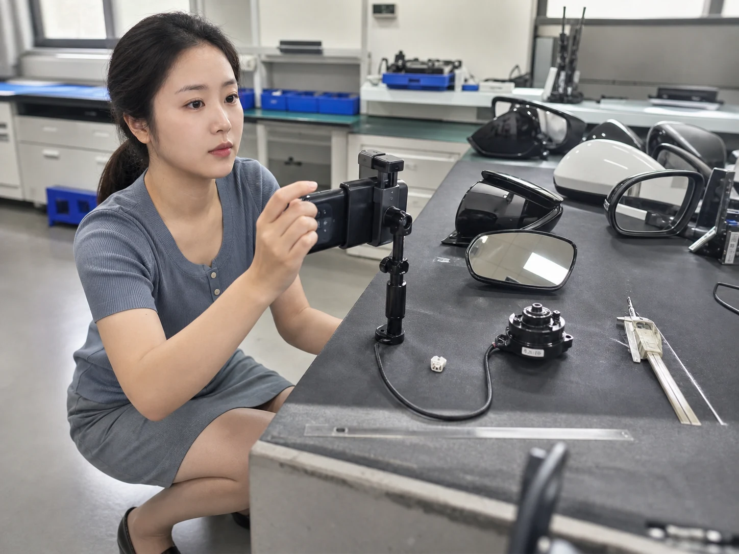 女性自媒体拍摄人员在汽车后视镜检验台用手机记录壳体样件和装配间隙