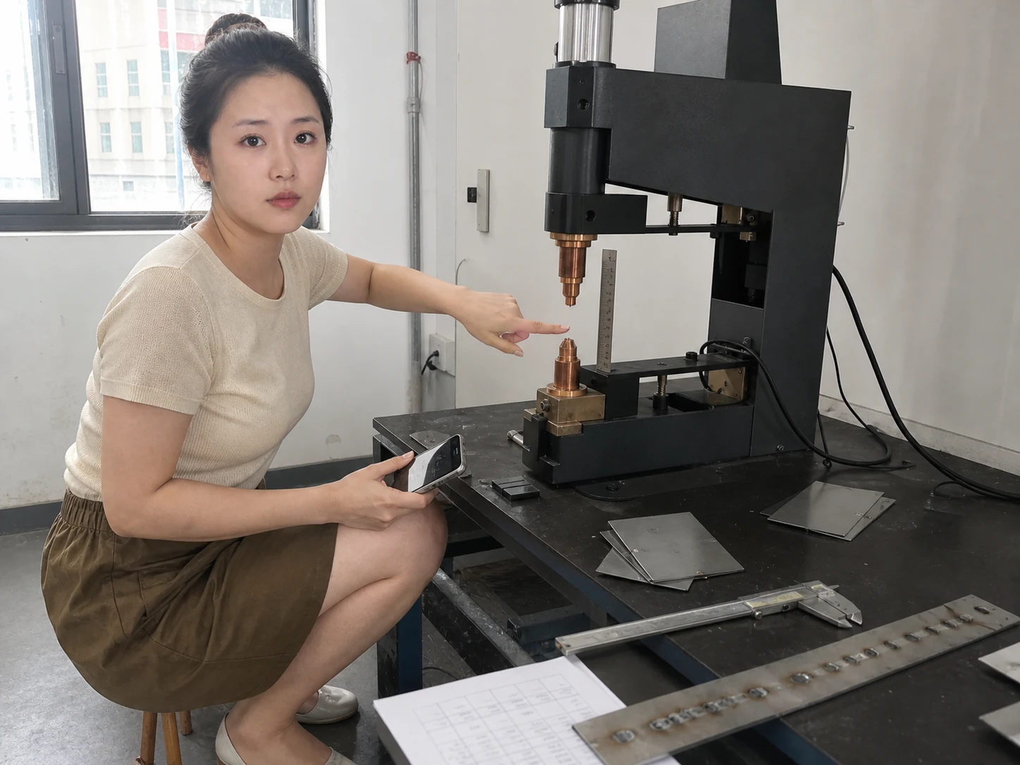 女性自媒体拍摄人员在点焊机试样台用手机记录电极间距和焊点样板