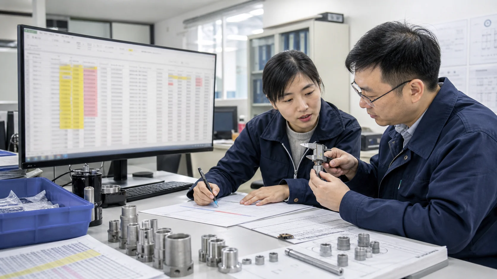 数据管理员与工程师核对表格导入后的产品型号和实物尺寸