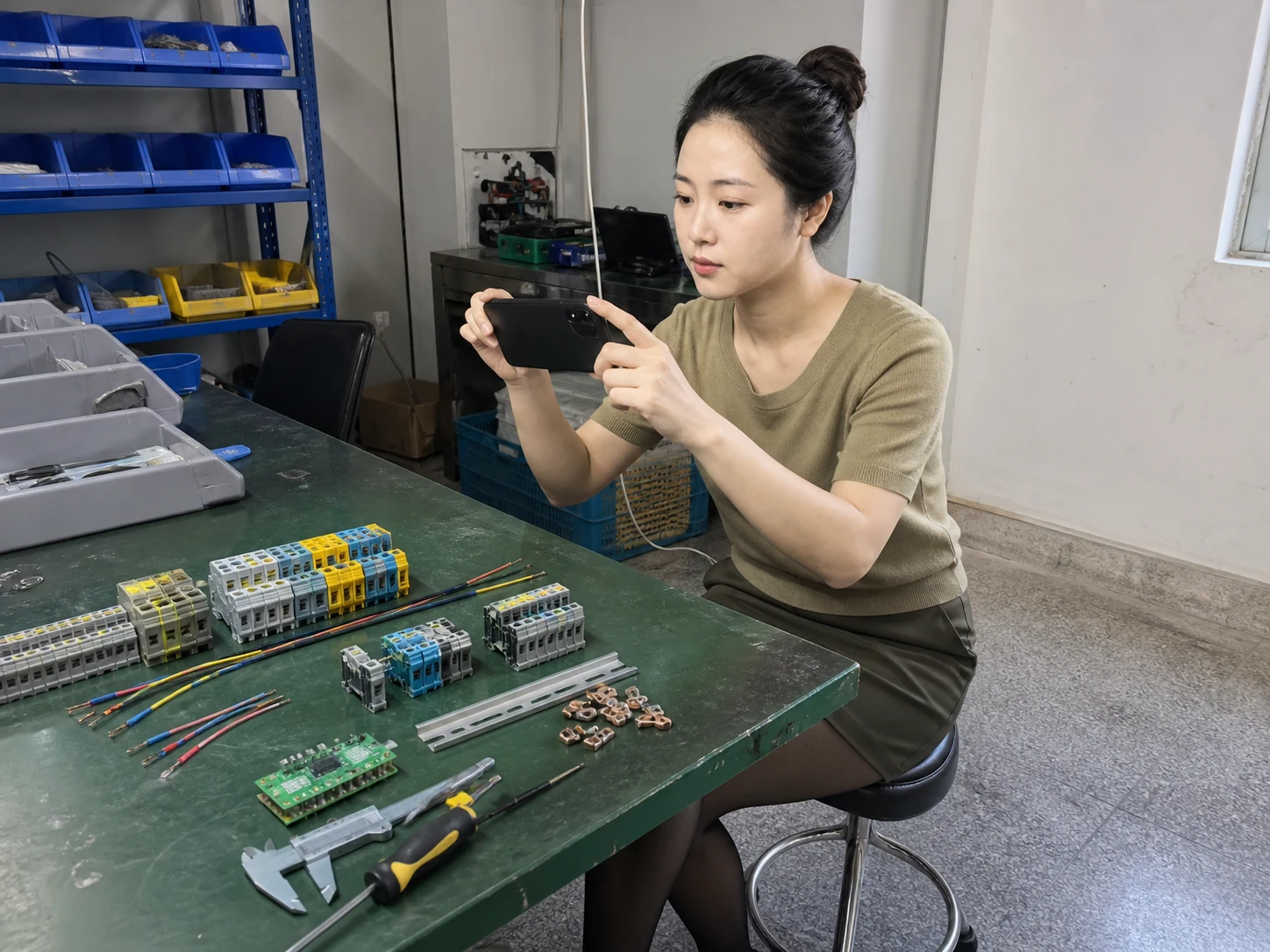 女性自媒体拍摄人员在端子排样品台用手机记录接线端子和电路板安装位置
