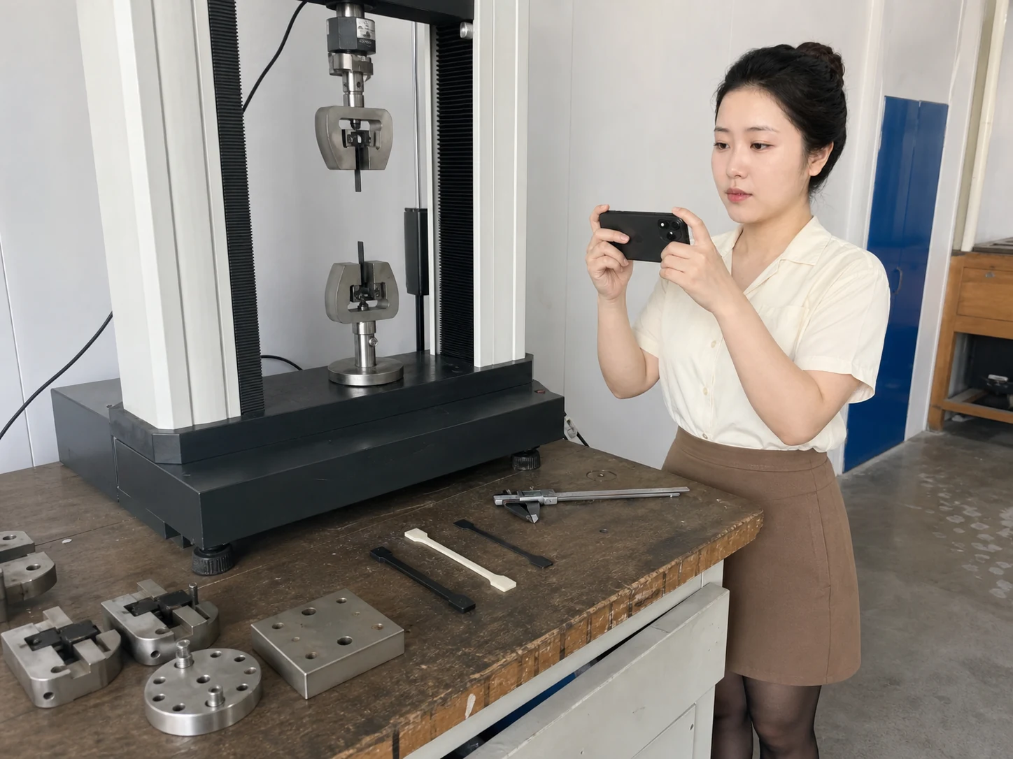 女性自媒体拍摄人员在试验机样机旁用手机记录夹具、量程标识和试样空间