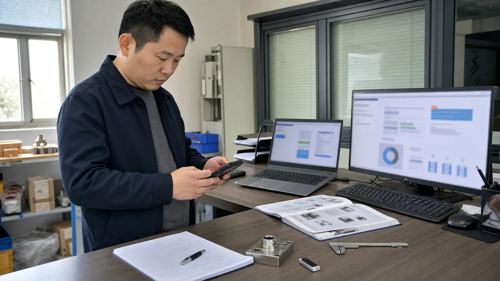 制造企业网站运维人员用手机和电脑测试询盘业务路径