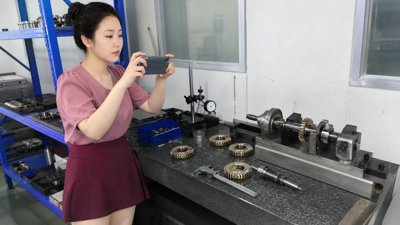 女性自媒体拍摄人员在齿轮检验台用手机记录蜗轮样件和啮合检查